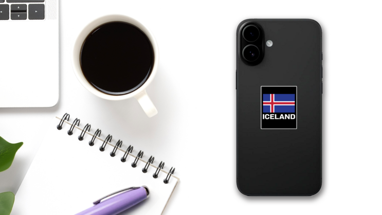 Iceland Flag Black Sticker on a Phone (New) example