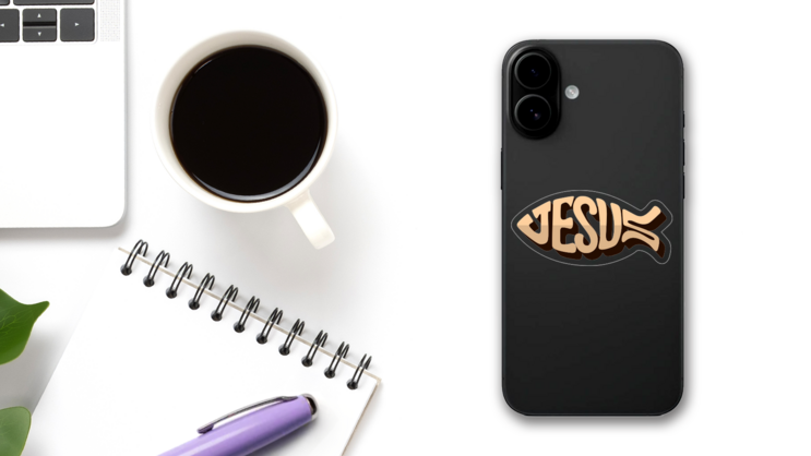 Ichthus with Jesus Inside Sticker on a Phone (New) example