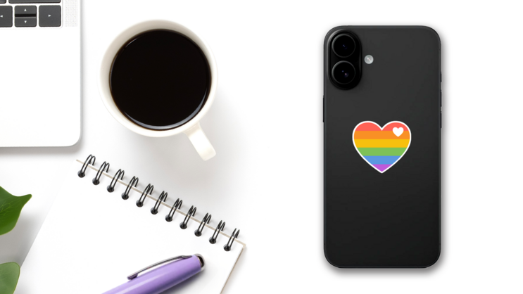 Icon Of Pride Rainbow Heart Sticker on a Phone (New) example