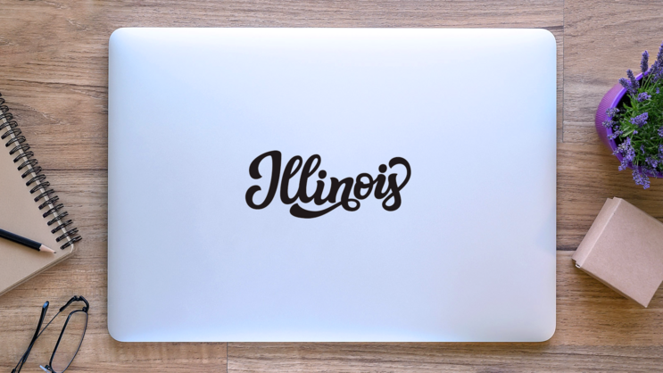 Illinois Calligraphy Sticker on a Laptop (New) example
