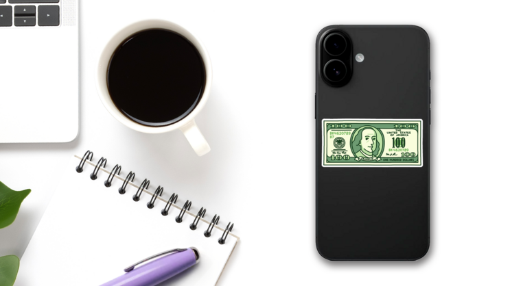 Illustrated 100 Dollar Bill Sticker on a Phone (New) example