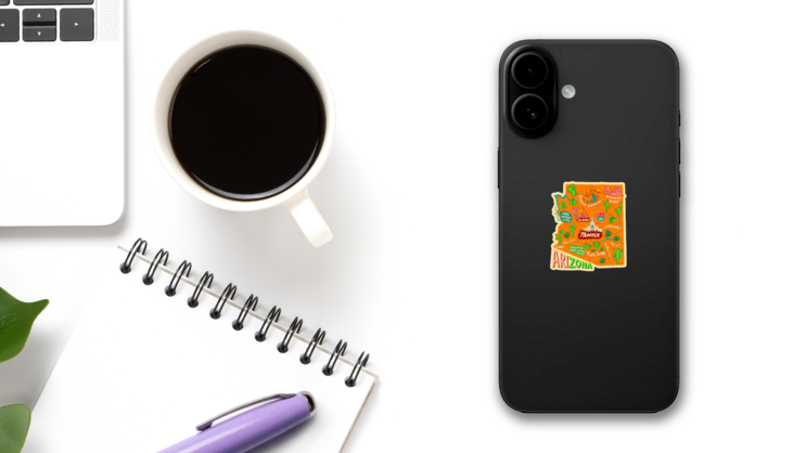 Illustrated Map Of Arizona Sticker on a Phone (New) example
