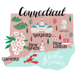 Illustrated Map Of  Connecticut, Usa Cute Sticker