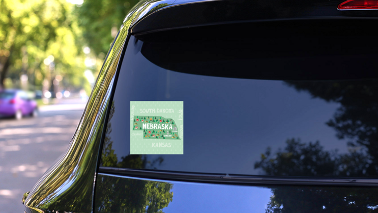 Illustrated Map Of Nebraska Sticker on a Rear Car Window (New) example