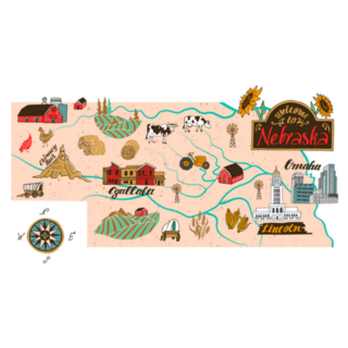 Illustrated Map Of Nebraska , Usa Travel Sticker
