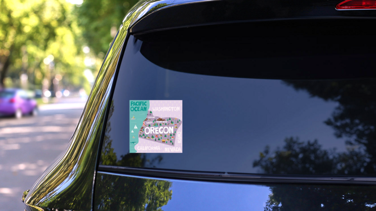 Illustrated Map Of Oregon Sticker on a Rear Car Window (New) example