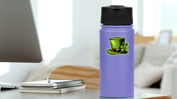 Illustrated Woodcut Leprechaun Hat Sticker on a Water Bottle (New) example