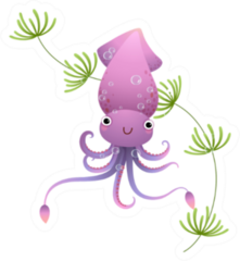 Illustration Cute Purple Cartoon Squid Underwater Sticker