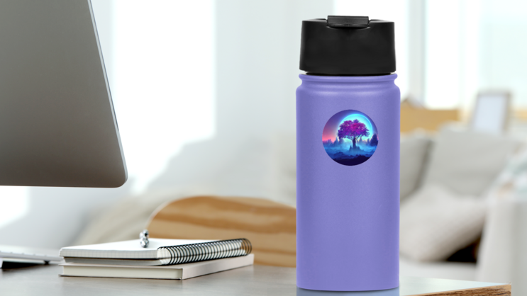 Illustration Fantasy Neon Forest And Moon Sticker on a Water Bottle (New) example