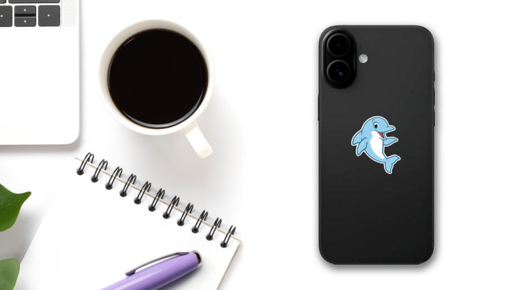 Illustration Of A Cute Happy Dolphin Sticker on a Phone (New) example