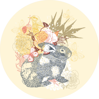 Illustration Of A Grey Rabbit, Floral Sticker