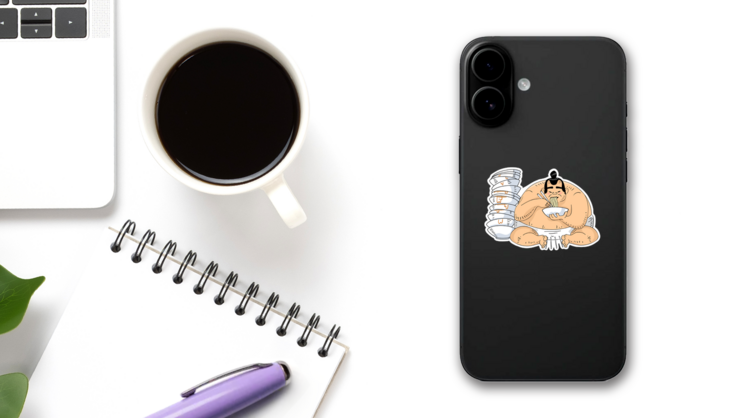 Illustration Of A Sumo Wrestler Sitting Beside Ramen Bowls Sticker on a Phone (New) example