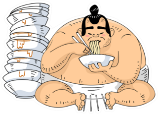 Illustration Of A Sumo Wrestler Sitting Beside Ramen Bowls Sticker