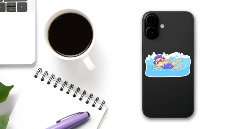 Illustration Of A Swimming Little Girl Sticker on a Phone (New) example