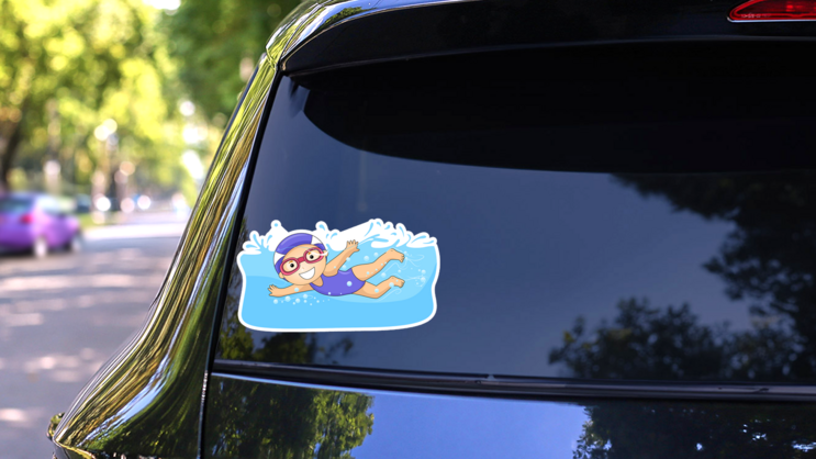 Illustration Of A Swimming Little Girl Sticker on a Rear Car Window (New) example