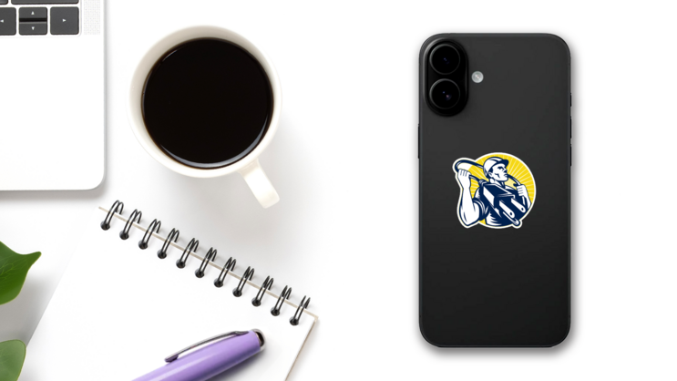 Illustration Of An Electrician Looking Up With Electric Cord Sticker on a Phone (New) example