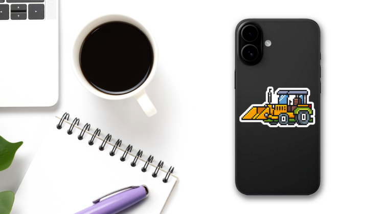 Illustration Of Cartoon Tractor - Pixel Sticker on a Phone (New) example