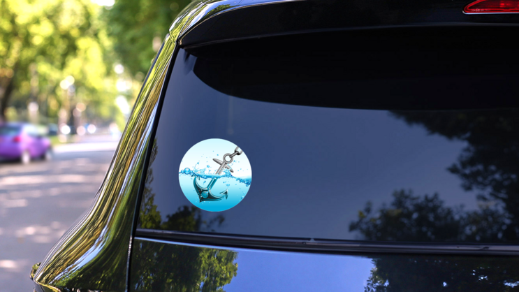 Illustration Of Metallic Anchor Sinking In Water Waves Sticker on a Rear Car Window (New) example