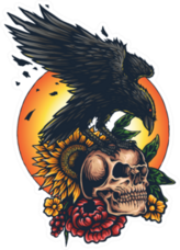 Illustration Of Raven Crow Skull Flowers And The Sun Sticker
