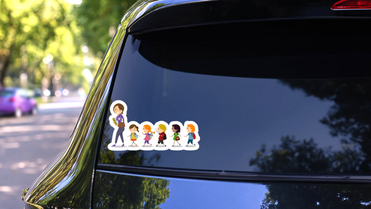 Illustration Of School Kids Following Their Teacher Sticker on a Rear Car Window (New) example