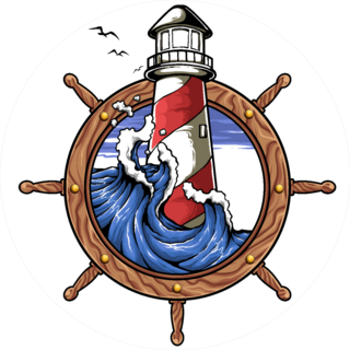 Illustration Of Ship Wheel Lighthouse Wave And Sky Sticker