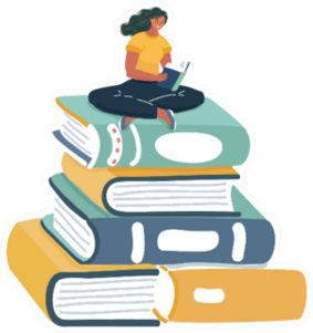 Illustration Of Woman Reading On Giant Stack Of Books Sticker