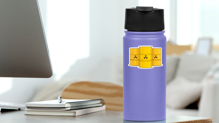 Illustration Of Yellow Metal Barrels With Nuclear Waste Sticker on a Water Bottle (New) example