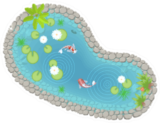 Illustration Pond With Carp And Lotus Flowers Landscaping Sticker