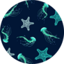 Illustration With Jellyfish And Starfish On Blue Sticker