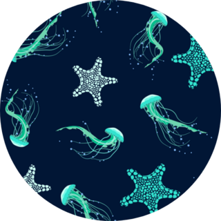 Illustration With Jellyfish And Starfish On Blue Sticker