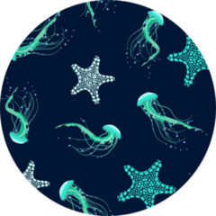 Illustration With Jellyfish And Starfish On Blue Sticker