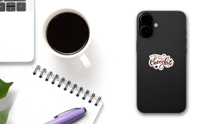 In Love With Chocolate Handwritten Sticker on a Phone (New) example
