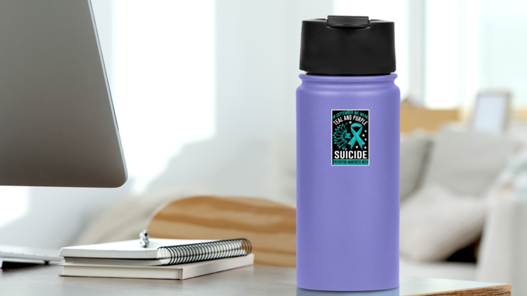 In September We Wear Teal & Purple, Suicide Awareness Sticker on a Water Bottle (New) example