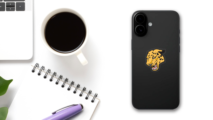 Intense Leopard Mascot Sticker on a Phone (New) example