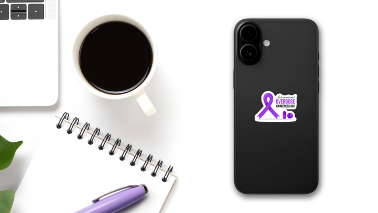 International Overdose Awareness Day Ribbon + Pill Sticker on a Phone (New) example