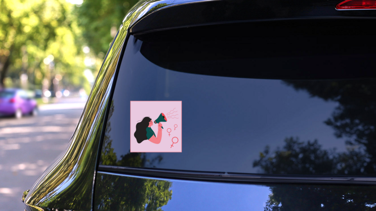 International Womens Day Feminist Pink Sticker on a Rear Car Window (New) example