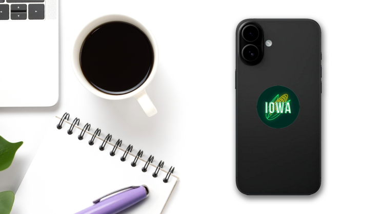 Iowa Old School Style Neon Corn Sticker on a Phone (New) example