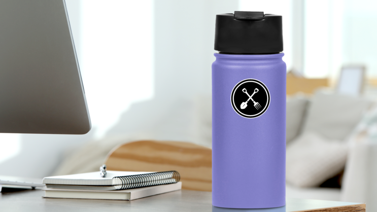 Isolated Black Pitchfork And Shovel Landscaper Icon Sticker on a Water Bottle (New) example