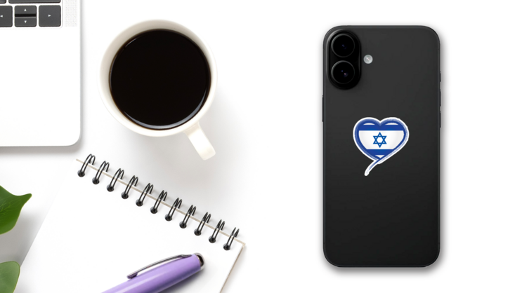 Israel Flag, Heart Illustration Sticker on a Phone (New) example