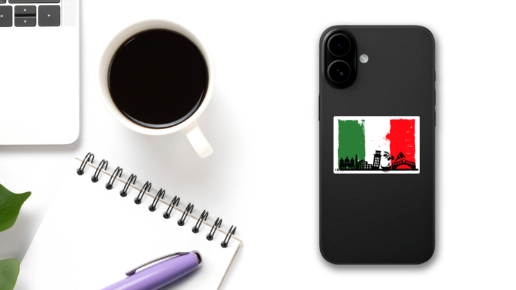 Italian Flag With Famous Silhouettes Sticker on a Phone (New) example