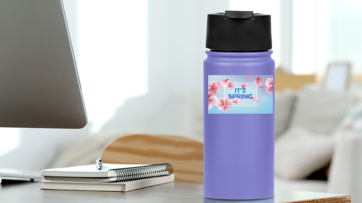 Its Spring Pink Flowers Sticker on a Water Bottle (New) example
