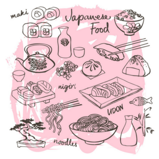 Japanese Food - Sushi & Noodles On Pink Sticker