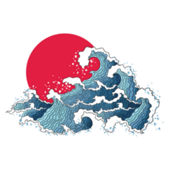 Japanese Illustration Of Ocean Waves And Sun Sticker