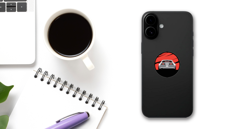 Japanese JDM Car With Red Sun Background Sticker on a Phone (New) example