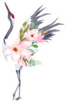 Japanese Print With Crane Of  Flowers Illustration Sticker