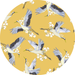 Japanese Seamless Pattern Of Birds And Water On Yellow Sticker