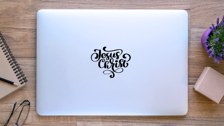 Jesus Christ Lettering Sticker on a Laptop (New) example