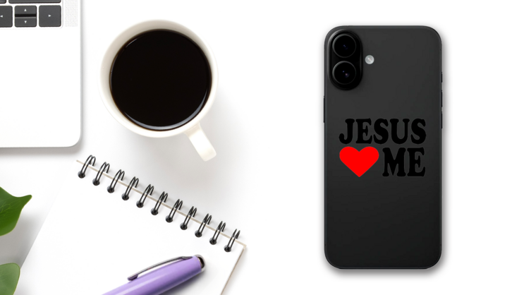 Jesus Hearts Me Sticker on a Phone (New) example