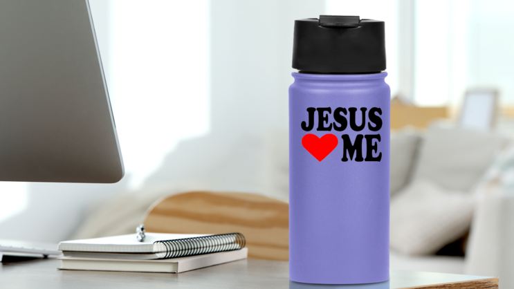 Jesus Hearts Me Sticker on a Water Bottle (New) example