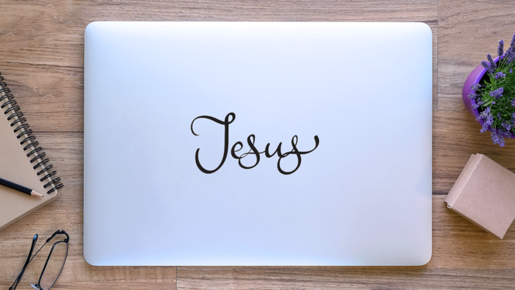 Jesus Text Sticker on a Laptop (New) example